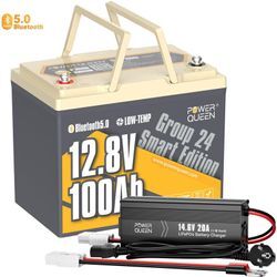 Power Queen - 12V 100Ah LiFePO4 Batterie Bluetooth Lithium Akku mit Low-Temp Cut-Off+14,6V 20A Ladegerät LiFePO4(Zwei Pakete versandt)