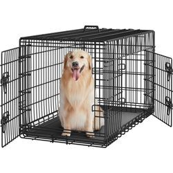 Hundekäfig klappbar mit 2 Türen, Hundebox für zuhause mit Trennwand, Hundetransportkäfig mit ausziehbare Kunststoffschale, 107 x 60 x 66 cm,