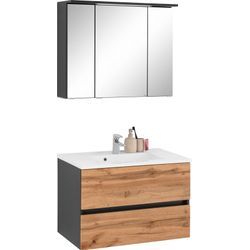 Badmöbel-Set WELLTIME "Lucca", grau (graphitgrau, eichefarben), Kastenmöbel-Sets, Breite 80 cm, mit direkter LED-Beleuchtung