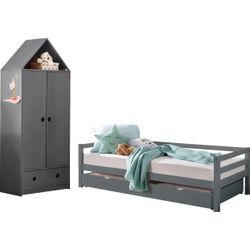 Jugendzimmer-Set LÜTTENHÜTT "Alpi" Schlafzimmermöbel-Sets grau Baby Daybed mit 2. Liegefläche + Kleiderschrank in Hausoptik, platzsparend