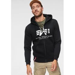 Kapuzensweatjacke ALPHA INDUSTRIES "BASIC ZIP HOODY", Herren, Gr. M, schwarz, angeraute Sweatware, Obermaterial: 80% Baumwolle, 20% Polyester, bedruckt, modisch, normal, Rundhals, Sweatjacken