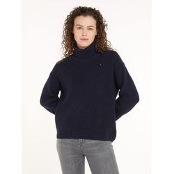 Strickpullover TOMMY HILFIGER "CO CARDI STITCH ROLL-NK SWEATER", Damen, Gr. M (38), blau (desert sky), Strick, Obermaterial: 100% Baumwolle, unifarben, casual, Langarm Bündchen, Pullover, mit Rollkragen