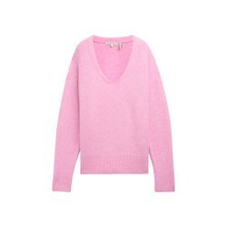 TOM TAILOR DENIM Damen Relaxed Strickpullover mit V-Ausschnitt, rosa, Uni, Gr. XXL