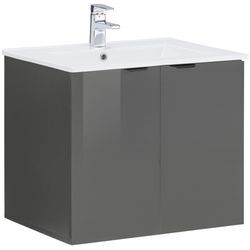 Waschtisch WELLTIME "Lage", grau (grau hochglanz, grau), B:60cm H:52cm T:45,5cm, Spanplatte, Waschtische, mit 2 Türen und einem Handwaschbecken aus Keramik, 61 cm breit