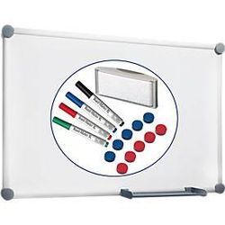 Whiteboard 2000 MAULpro, weiß kunststoffbeschichtet, magnethaftend, Rahmen silber, B 900 x H 600 mm + 15-teiliges Zubehör-Set