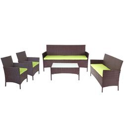 3-2-1-1 Poly-Rattan Garten-Garnitur Hamar, Lounge-Set Sitzgruppe Sofa ~ braun-meliert, Kissen grün