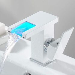 Led Waschtischarmatur Wasserhahn Wasserfall Auslauf mit 3 Farbewechsel Beleuchtung, Waschtisch Einhebelmischer für Badezimmer Küche Bad wc (Weiß)