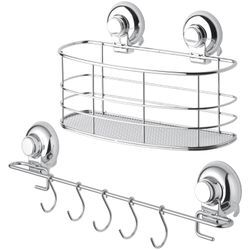 Badaccessoire-Set GSW "Aufbewahrung HOOKIE System", silber, verchromt glänzend, Kunststoff, Aluminium, Badaccessoires-Sets, Intelligenter Saughaken, roter Ring zeigt Saugkraftverlust