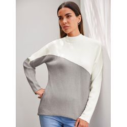 Strickpullover HEINE "Pullover", Damen, Gr. 38, grau (steingrau, ecru, gemustert), 50% Viskose, 28% Polyester, 22% Polyamid, gemustert, mehrfarbig, Langarm, Pullover