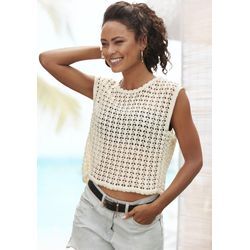 Pullunder VIVANCE, Damen, Gr. 32/34, weiß, Strick, Obermaterial: 65% Baumwolle, 35% Polyacryl, unifarben, modisch, figurumspielend bauchfrei, Rundhals, ohne Ärmel, Pullover, in modischer Boxy-Form, sommerliches Stricktop aus Baumwoll-Mix