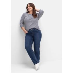 Bootcut-Jeans SHEEGO "Große Größen", Damen, Gr. 42, Normalgrößen, blau (dunkelblau denim), Obermaterial: 99% Baumwolle, 1% Elasthan, unifarben, casual, weit, unten schmal lang, Jeans, SUSANNE ideal bei viel Bauch und schmalen Beinen