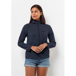 Kapuzenfleecejacke JACK WOLFSKIN "FERNWEH HOODED JKT W" Gr. L (42/44), blau (night, blau), Damen, OBERSTOFF: 97% POLYESTER, 3% ELASTHAN; Futter: 100% POLYESTER, Jacken