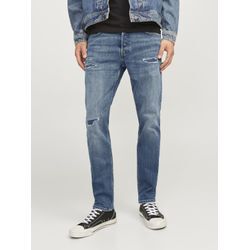 Comfort-fit-Jeans JACK & JONES "JJIMIKE JJORIGINAL CJ SN", Herren, Gr. 29, Länge 30, blau (blau, denim), Denim/Jeans, Obermaterial: 95% Baumwolle, 4% Elastomultiester, 1% Elasthan, Destroyed-Effekte, modisch, comfort fit, Jeans