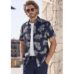 Hawaiihemd JOHN DEVIN "Regular fit", Herren, Gr. S (37/38), N-Gr, blau (navy, creme), Web, Obermaterial: 100% Baumwolle, gemustert, casual, regular fit, Rundhals, Kurzarm abgesteppte Kante, Hemden, Kurzarm, Freizeithemd mit Palmenprint aus reiner Baumwolle