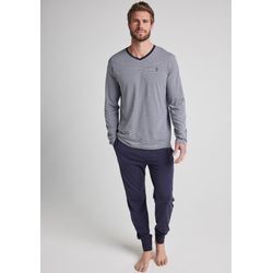 Pyjama JOCKEY "Night & Day", Herren, Gr. XXL, blau (stripe, solid), Single Jersey, Obermaterial: 50% Baumwolle, 50% Modal, gestreift, unifarben, casual, V-Ausschnitt, Langarm, Homewear-Sets