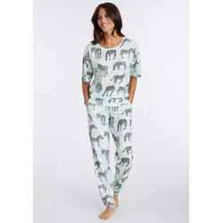 Pyjama VIVANCE DREAMS, Damen, Gr. 32/34, grün (mint, gemustert), Single Jersey, Obermaterial: 60% Baumwolle, 40% Polyester, feminin, loose fit lang, Rundhals, Kurzarm angeschnitten, Homewear-Sets, mt Animal Alloverprint