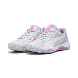 Sneaker PUMA "NOVA Court Padel-Schuhe Damen" Gr. 40, grau (silber mist weiß vivid violet gray lila), Obermaterial: Synthetik, Textil; Futter: Textil; Innensohle: Textil; Laufsohle: Gummi, Synthetik, Schuhe