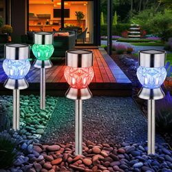 Außenlampe Solarleuchte Gartendeko rgb Farbwechsel Glaskristalle Steckleuchte, Edelstahl Kunststoff schwarz, led 5000K kaltweiß, h 35 cm,4er Set