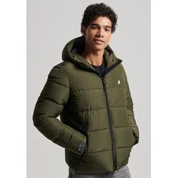 Steppjacke SUPERDRY "HOODED SPORTS PUFFR JACKET", Herren, Gr. XXL, grün (schwarz moos), Web, Obermaterial: 100% Polyester, unifarben, modisch, slim fit, Langarm elastischer Bund, Jacken, mit kontrastfarbener Stickerei