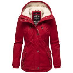 Winterjacke MARIKOO "Bikoo", Damen, Gr. L (40), rot (dunkelrot), Oberstoff: 100% Baumwolle, Futter: 100% Polyester, Wattierung: 100% Polyester, Ärmelfutter: 100% Polyester, modisch, figurumspielend hüftbedeckend, hoch geschlossener Ausschnitt, Langarm Ärmel ohne Ärmelschlitz Rippstrickbündchen, Jacken, sportliche Damen Outdoor Baumwolljacke mit Kapuze