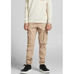 Cargohose JACK & JONES JUNIOR "JPSTPAUL JJFLAKE 1075 CROCKERY NOOS JNR", Jungen, Gr. 128, N-Gr, beige (crockery), Web, Obermaterial: 98% Baumwolle, 2% Elasthan, unifarben, Basic, slim fit normal, Hosen