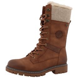 Winterstiefel TOM TAILOR Gr. 37, braun (cognac used), Damen, Lederimitat, Filz, used, Schuhe, Blockabsatz, Winterboots, Schnürstiefel im modischen Used-Look