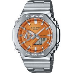 Chronograph CASIO G-SHOCK, silberfarben, orange, grau, Armbanduhren, Herren, Quarzuhr, Armbanduhr, Herrenuhr, Edelstahlarmband, Stoppfunktion