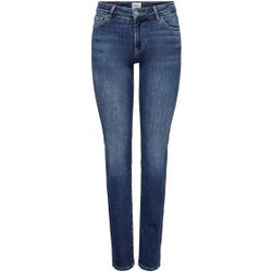 Straight-Jeans ONLY "ONLALICIA REG STRT DNM DOT879", Damen, Gr. 26, Länge 34, blau (medium blau denim), Denim/Jeans, Obermaterial: 93% Baumwolle, 5% Elastomultiester, 2% Elasthan, Abriebeffekte, casual, Jeans