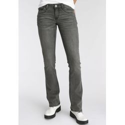 Bootcut-Jeans ARIZONA "mit Keileinsätzen", Damen, Gr. 34, N-Gr, grau (grau, used), Denim/Jeans, Obermaterial: 76% Baumwolle, 16% Polyester, 7% Viskose, 1% Elasthan, Basic, eng lang, Jeans, ausgestellte Beinform, niedrige Leibhöhe, elastisches Material