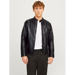 Lederjacke JACK & JONES "JJELIAM LAMB LEATHER JACKET NOOS", Herren, Gr. M, schwarz, Web, Obermaterial: 100% Lammleder, unifarben, modisch, normal taillenbedeckt, ohne Ausschnitt, Langarm gerader Abschluss mit Reißverschluss, Jacken, mit markanter Schultersteppung