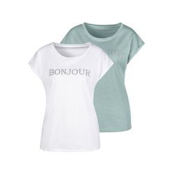 Kurzarmshirt VIVANCE "mit Frontdruck "Bonjour"" Gr. 32/34, grün (mint, white) Damen Shirts aus weicher Baumwoll-Qualität