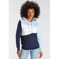 Hoodie KANGAROOS, Damen, Gr. 32/34 (XS), blau (marine, hellblau), angeraute Sweatware, Obermaterial: 80% Baumwolle, 20% Polyester, colorblocking, bedruckt, casual, figurumspielend hüftbedeckend, Langarm Rippbündchen, Sweatshirts, Langarm, lockere Passform, Colorblocking-Optik