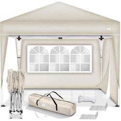 Tillvex - Pavillon 3x3m Beige - mit 2 Seitenteilen wasserdicht Pop-Up Faltpavillon höhenverstellbar Gartenzelt uv Schutz 50+ Partyzelt mit Tasche für