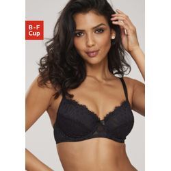 Bügel-BH LASCANA "Cara" Gr. 100, Cup B, schwarz, Damen, Obermaterial: 79% Polyamid, 11% Elasthan, 10% Polyester, BHs, mit femininer Spitze, anteilig aus recyceltem Material, Dessous