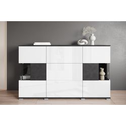 Sideboard INOSIGN "Kenia", schwarz-weiß (matera anthrazit, weiß hgl), B:150cm H:88,9cm T:39,5cm, ABS-Kunststoff, FSC-zertifizierter Holzwerkstoff, Hartfaserplatte, Kunststoff, Glas, Sideboards, Sideboard mit 3 Schubladen, 6 Fächern, Glastüren, Breite 150 cm