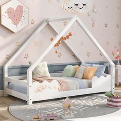 Okwish - Hausbett Kinderbett 90x200cm mit Rausfallschutz Spielbett Jugendbett aus Massivholz in Weiß