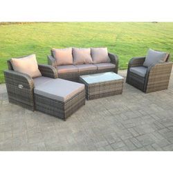 Rattan Gartenmöbel Set 6-Sitzer Gartenlounge Sofa Sitzgruppe Terassenmöbel mit Gartensofa, Sessel, Hocker Dunkelgrau Gemischt - Fimous