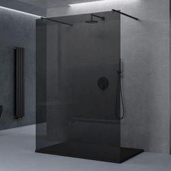 Sogood - doporro® Duschwand Duschtrennwand 140x200 Walk-In Dusche schwarz mit Doppel-Stabilisator aus Echtglas 10mm ESG-Sicherheitsglas Vollgrau