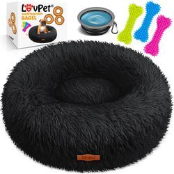 Hundebett Hundekissen Katzenbett Bagel Waschbar Inkl. Napf + 3x Kauknochen Hundesofa flauschig Kissen Rund aus Plüsch für Kleine Schwarz / xl (70 x