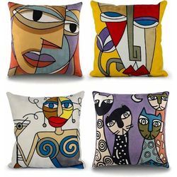 Mumu - 4er Set Picasso Kissenbezüge 45 x 45 cm bestickt Baumwolle Leinen Sofakissenbezüge skandinavisch Wohnzimmerdeko Schlafzimmer Bett Bürosessel