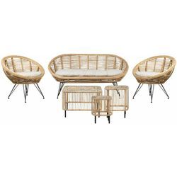 4-Sitzer Lounge Set Natürlich Rattan 6-Teilig Gartensofa 2 Gartenstühle und 3 Couchtische mit Schwarzem Metallgestell Auflagen Hellbeige Garten