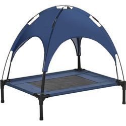 Erhöhtes Hundebett mit Baldachin, Haustierbett, Hundeliege outdoor mit Dach, Atmungsaktiv, Taftstoff für Camping Dunkelblau 76 x 61 x 73 cm - Pawhut