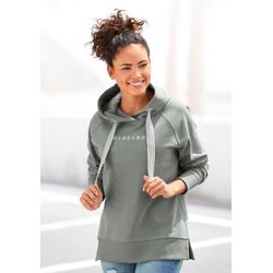 Kapuzensweatshirt ELBSAND "Svana", Damen, Gr. L (40), grün, Sweatware, Obermaterial: 95% Baumwolle, 5% Elasthan, unifarben, casual, figurumspielend hüftlang, Sweatshirts, mit Logoprint, bequemer Hoodie, seitliche Schlitze