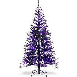 Costway - 183cm Künstlicher Weihnachtsbaum beleuchtet, 250 LED-Leuchten in Lila, mit PVC-Spitzen & Dekorationen & Metallständer, Schwarz, für