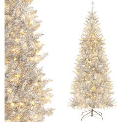 Costway - 180 cm Bleistift Weihnachtsbaum Lametta, künstlicher Tannenbaum mit warmweißen LED-Leuchten & Metallständer, schlanker Christbaum pvc,