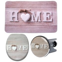 Badaccessoire-Set SANILO "Home" Badaccessoires-Sets beige (beige, grau) bestehend aus WC-Sitz, Badteppich und Waschbeckenstöpsel