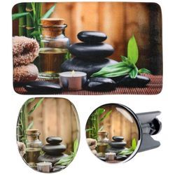 Badaccessoire-Set SANILO "Spa", braun (schwarz, braun), Holz, Polyester, Kunststoff, Badaccessoires-Sets, bestehend aus WC-Sitz, Badteppich und Waschbeckenstöpsel