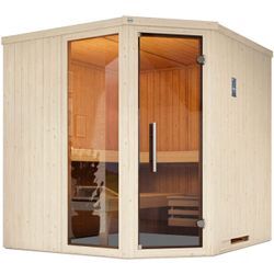 Sauna WEKA "Element-Ecksauna VARBERG 3", weiß, Saunaofen, externe Steuerung, 0,7 kW, Saunen, vorgefertigte Elemente, moderne Ganzglastür, bodenl. Fensterelement