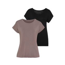 Kurzarmshirt VIVANCE "mit Gummizug im Bund", Damen, Gr. 32/34, grau (taupe, schwarz), Obermaterial: 95% Viskose, 5% Elasthan, unifarben, Basic, figurumspielend normal, Rundhals, Shirts, aus weichem Viskose-Stretch