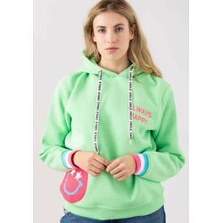 Hoodie ZWILLINGSHERZ "Always Happy", Damen, Gr. L/XL, grün (hellgrün), Sweatware, Obermaterial: 50% Baumwolle, 50% Polyester, unifarben, sportlich, normal, Langarm, Sweatshirts, mit Smiley Aufdruck aus Frottee und Neon Details